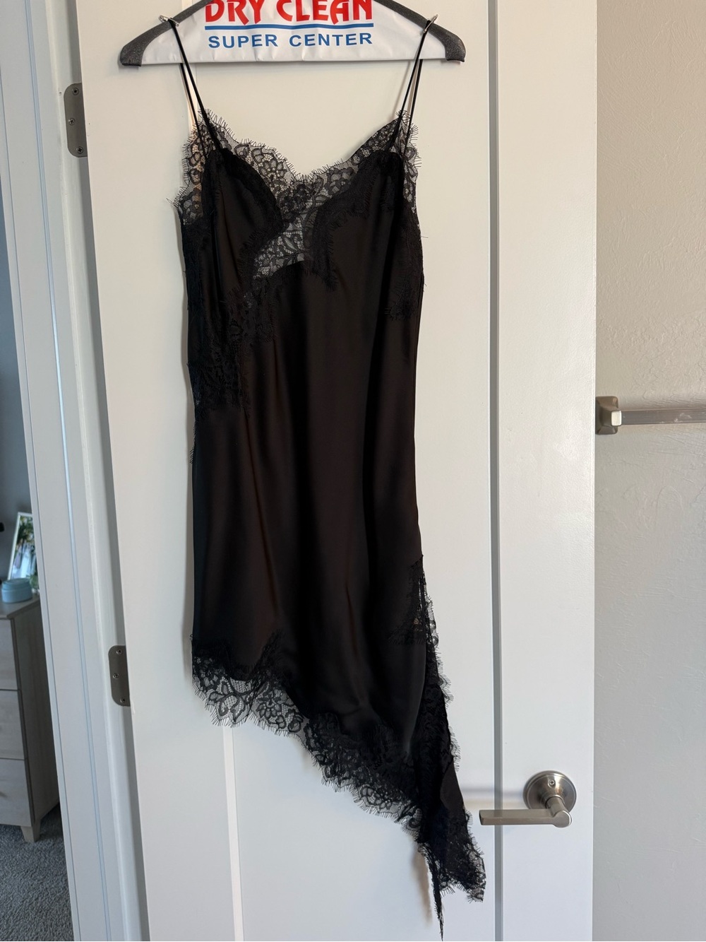 Zara Black Satin Asymmetrical Slip Dress with Lace